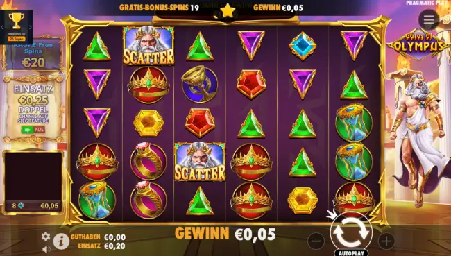 20 Freispiele ohne Einzahlung im Slot Gates of Olympus