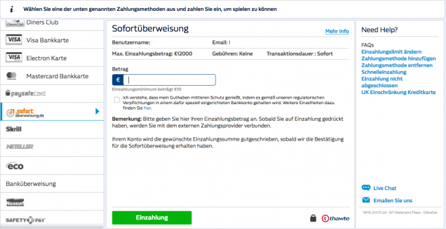 William Hill Einzahlung