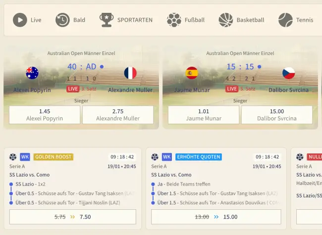 Wettquoten und Livewetten bei VIPLuck