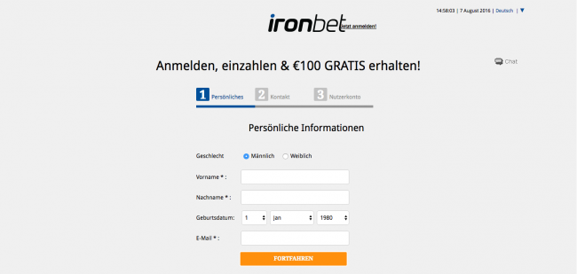 Ironbet Registrierungsformular