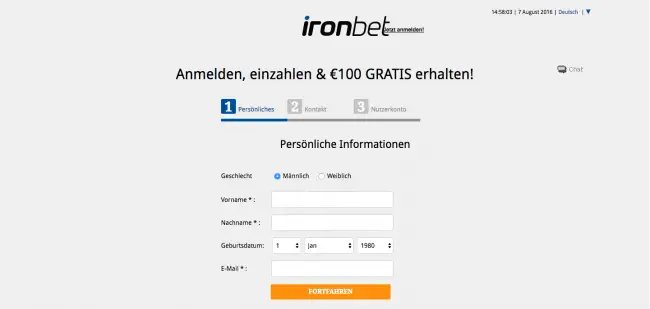 Ironbet Registrierungsformular