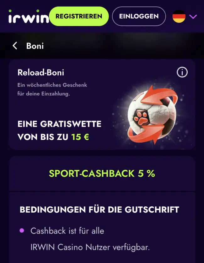 Irwin Sportwetten Bonus