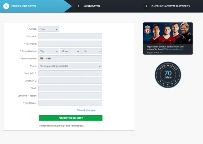 Betvictor Registrierungsformular