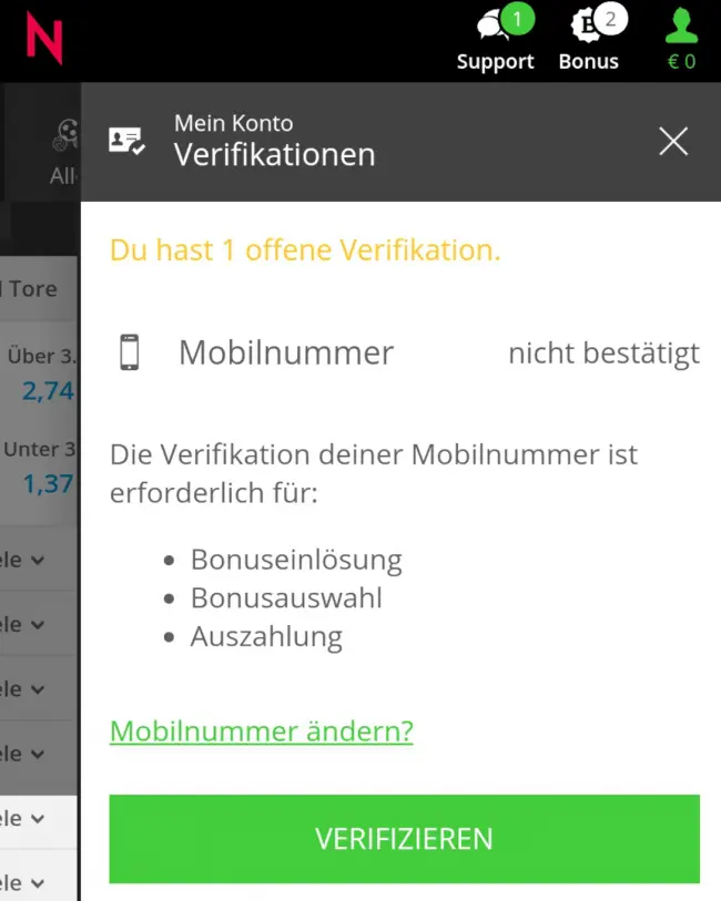 Neo.bet Handynummer verifzieren