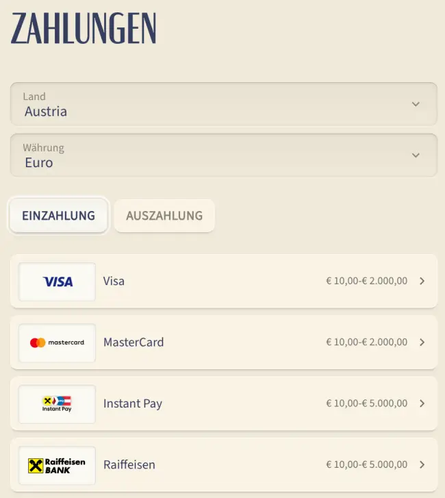 VIPLuck Sportwetten Zahlungsmethoden