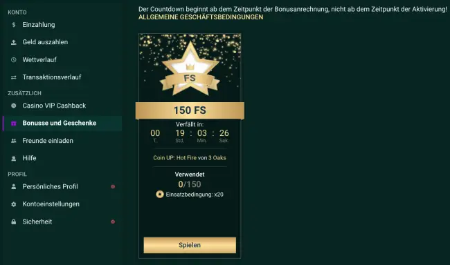 150 Freispiele erscheinen nach der Bonuscode Eingabe