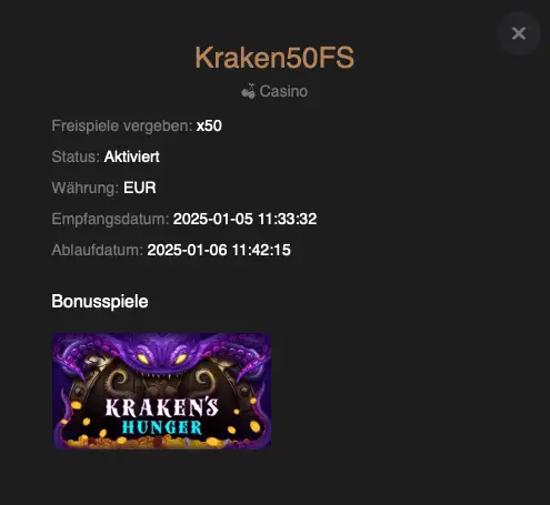Bedingungen und Fristen bei einem Freispielangebot für Kraken Hunger