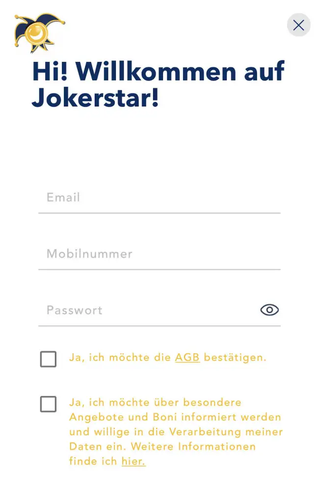 Jokerstar Registrierung