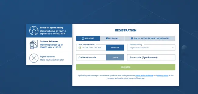 Three ways of registration at 1xbet