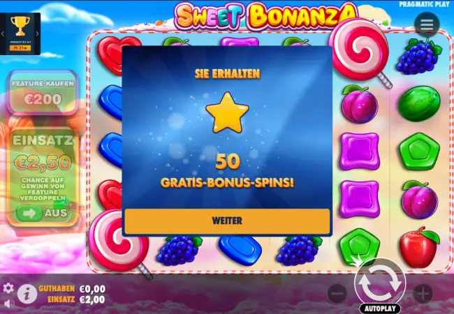 50 Freispiele ohne Einzahlung für Sweet Bonanza