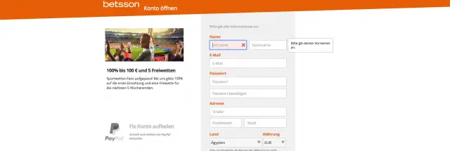 Betsson-Anmeldung