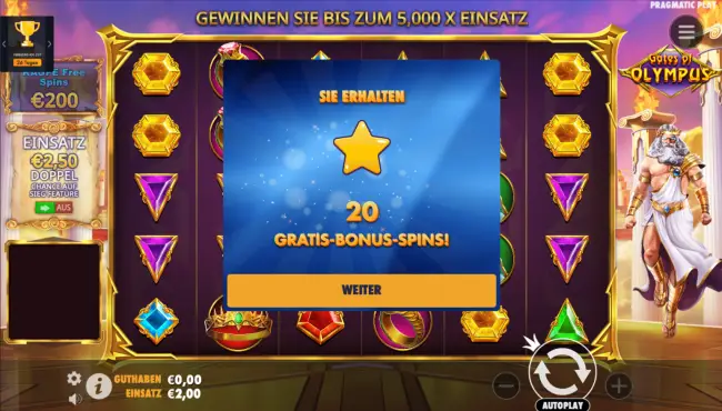 20 Freispiele ohne Einzahlung Gates of Olympus