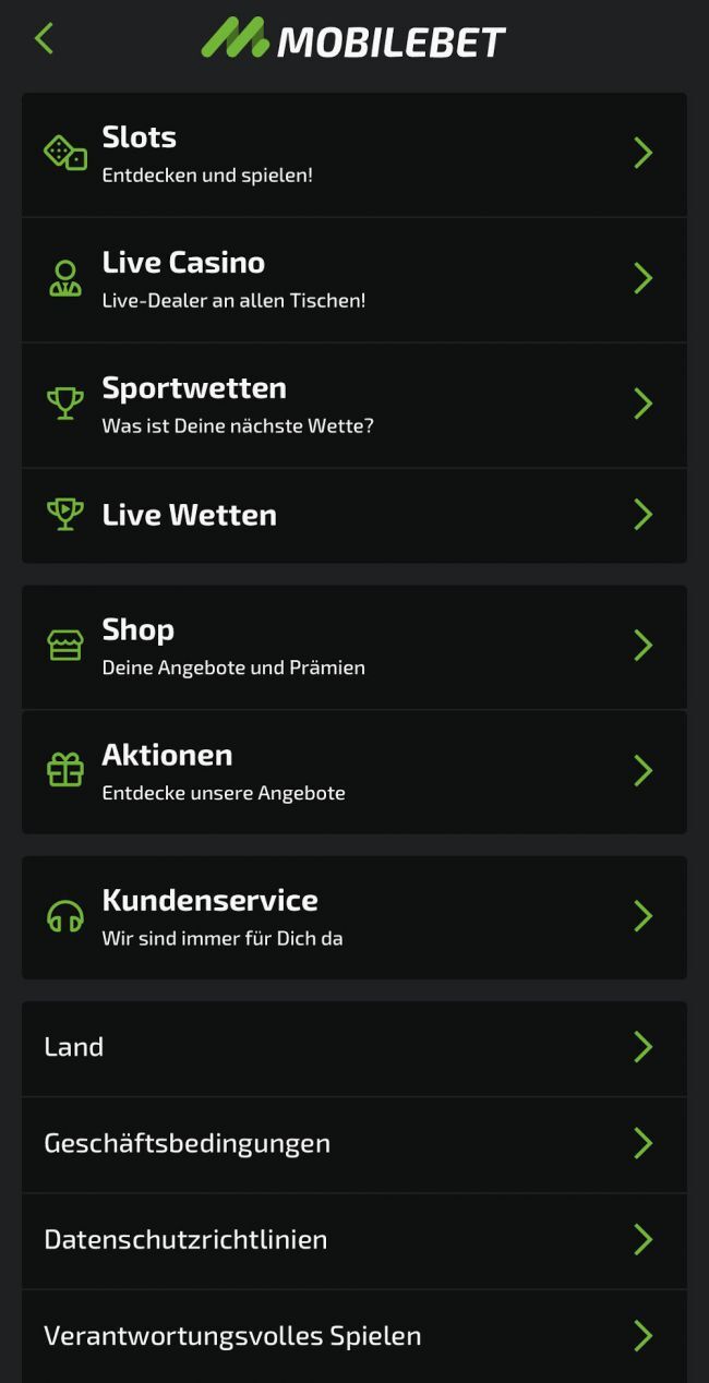 Mobilebet Menü