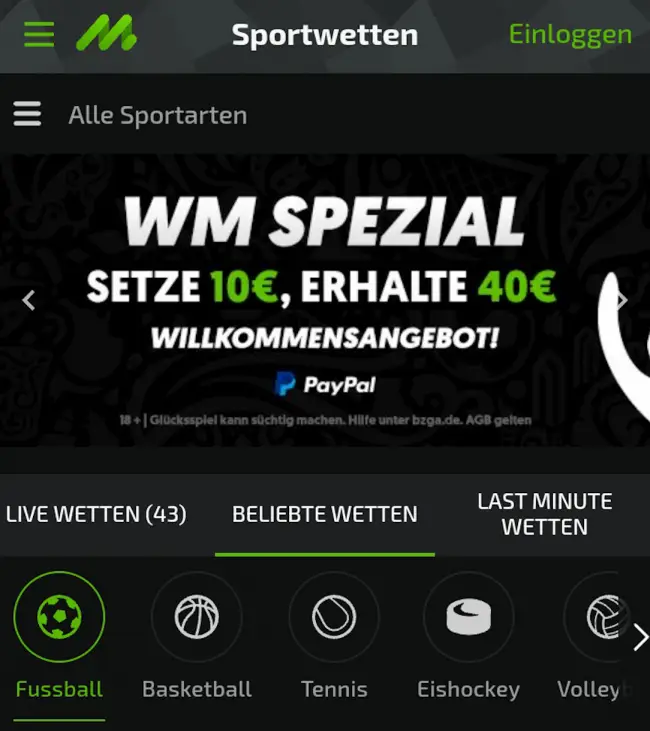 Mobilebet Sportwetten Bereich