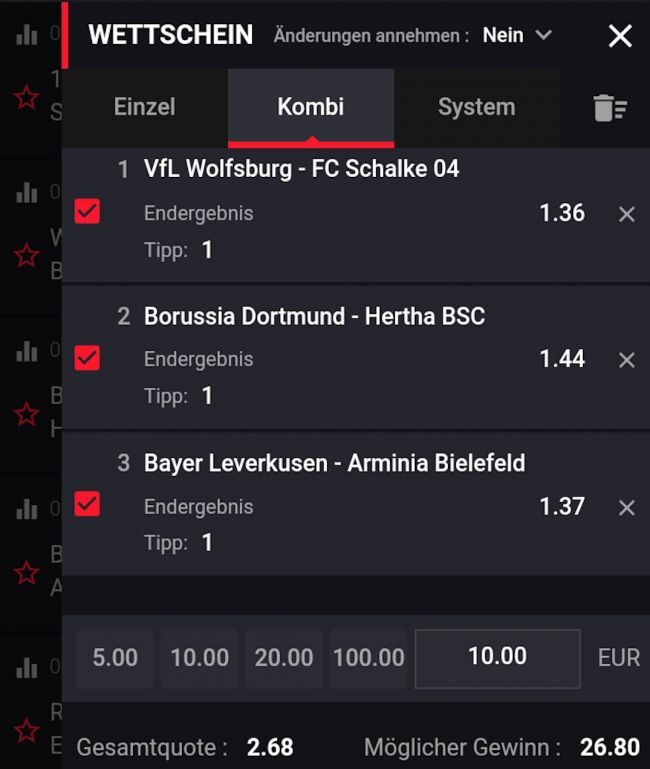 Mystake Gratiswette in einer Kombiwette platzieren