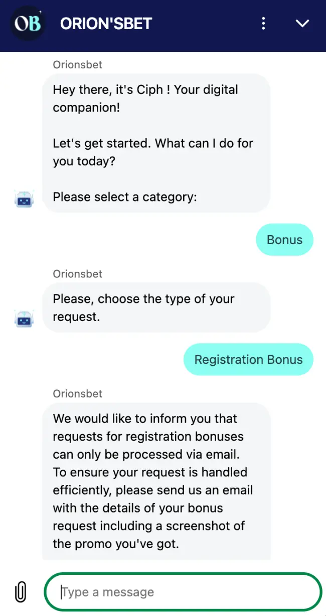 Orionsbet Casino Live Chat