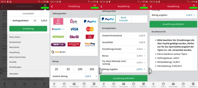 Wie nimmt man mit der App von Tipico eine Ein- und Auszahlung vor