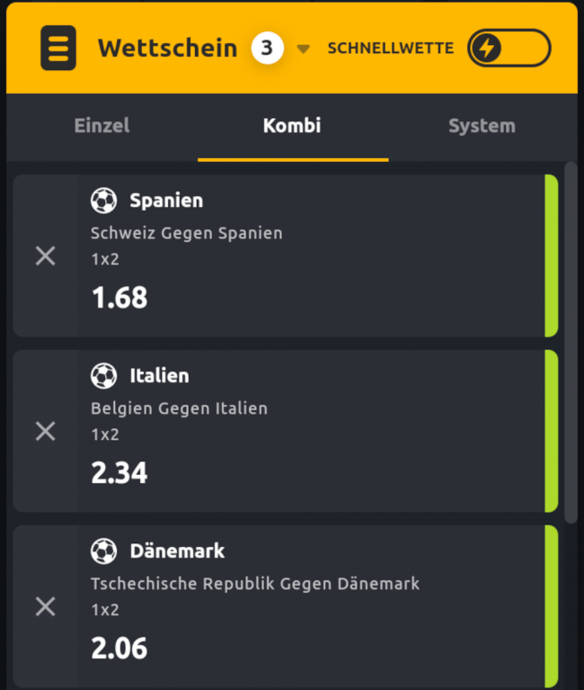 Der Tippschein bei Burningbet mit der nötigen Mindestquote.