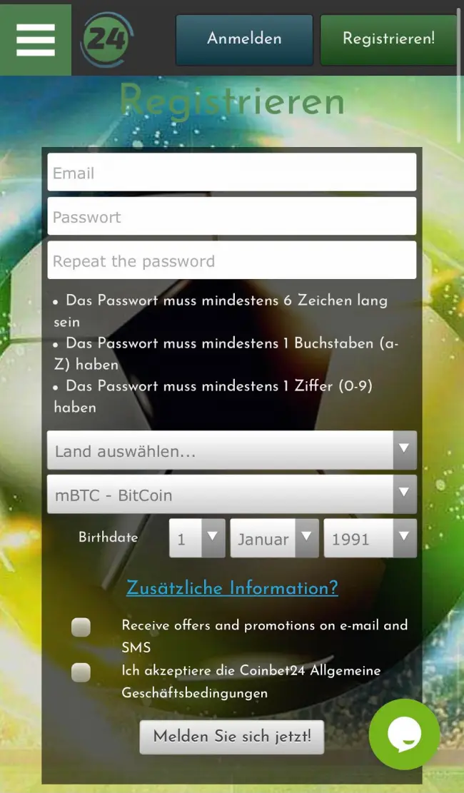 Coinbet24 Registrierung Formular