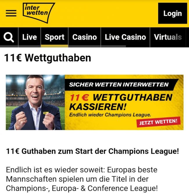 Interwetten € 11 Wettguthaben zur Champions League