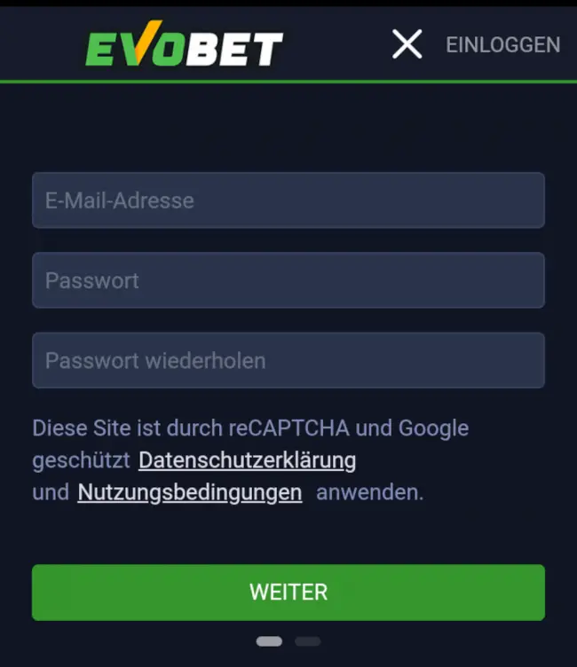 Registrierung bei Evobet