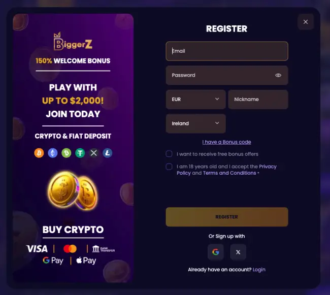 Biggerz Casino Registration