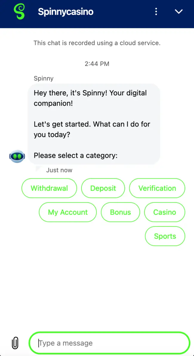 Spinny Casino Live Chat